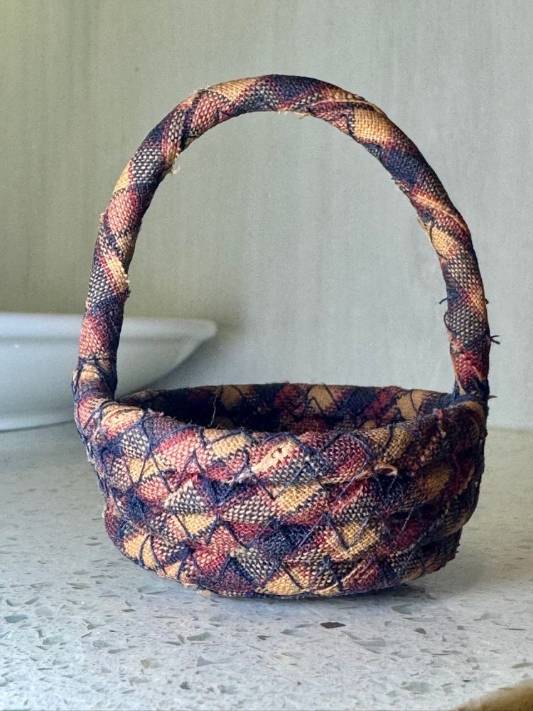 Mini Vintage Hand Made Multicolor Coiled Fabric Mini Basket with Handle 3" inch tall