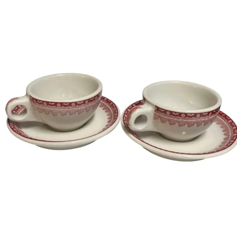 Vintage Buffalo China Red Transferware Set (2) Cups & (2) Saucers – Made in USA