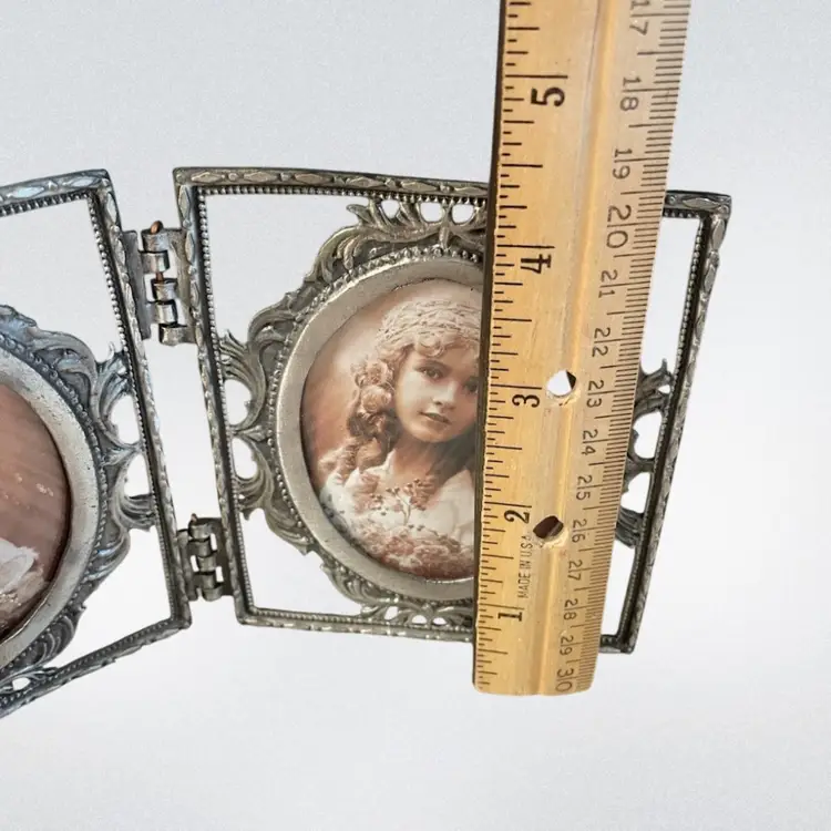 Vintage Pewter Bi Fold Frame Holds 2 3"Photos