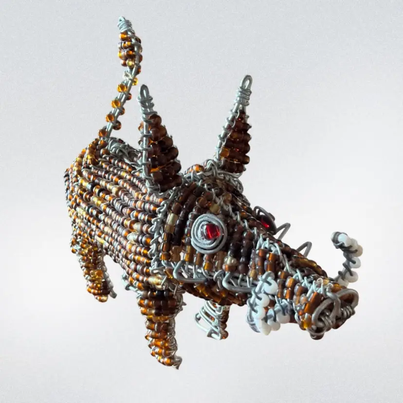 Rhino Beaded Wire Figurine Handmade African Artisan Glass Bead Wildlife Folk Art