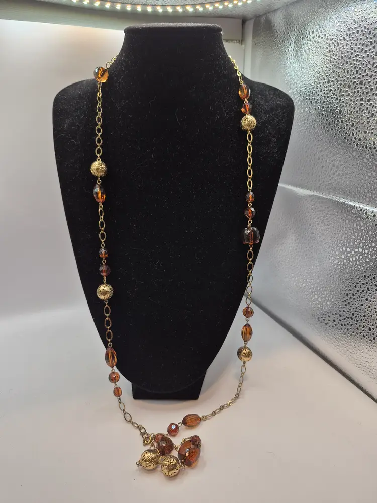 46" Gold Tone Chain w/Gold Tone and Amber Colored Beads Necklace