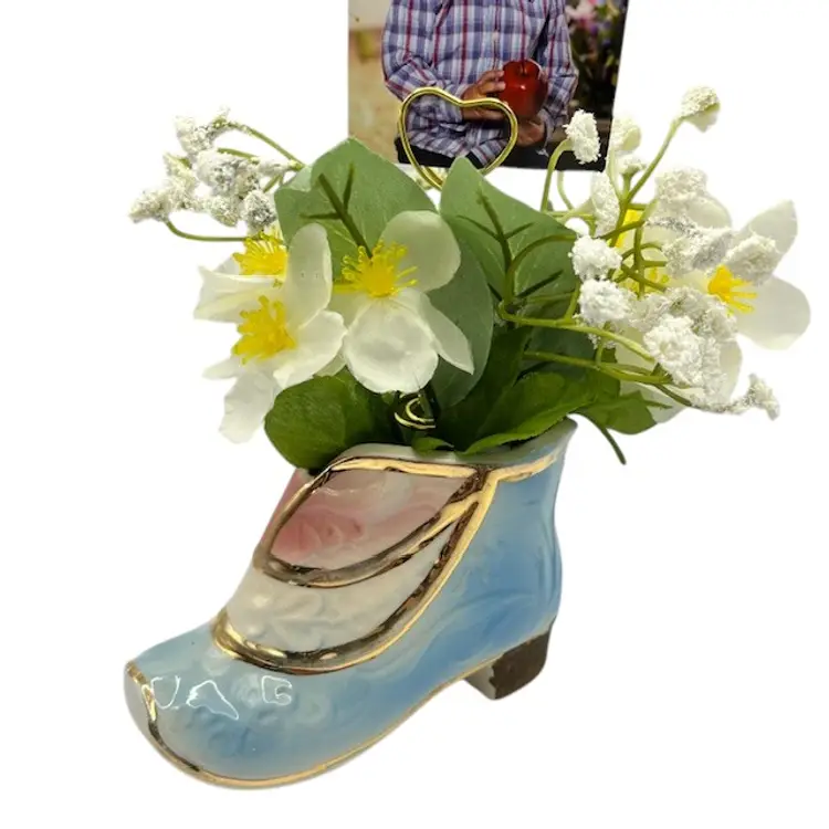 Reimagined & Upcycled 1940s Ceramic Boot Blue Pink with Gold Trim Photo Holder