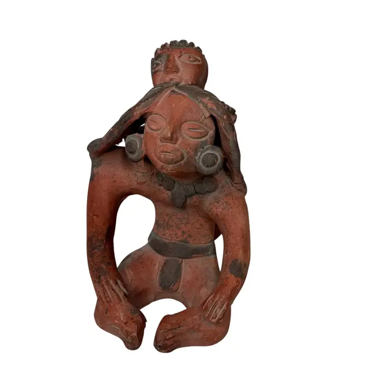 Vintage Maya Mother & Child Terracotta Red Clay 7” Pottery