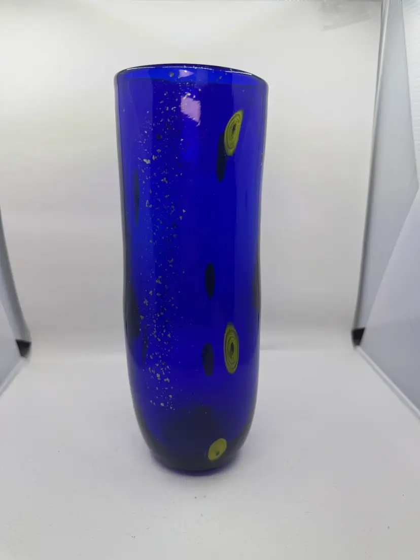 Murano Style Cobalt Blue Vase With Millefiori Flowers and Aventurine Gold Flecks, 10.5” Tall