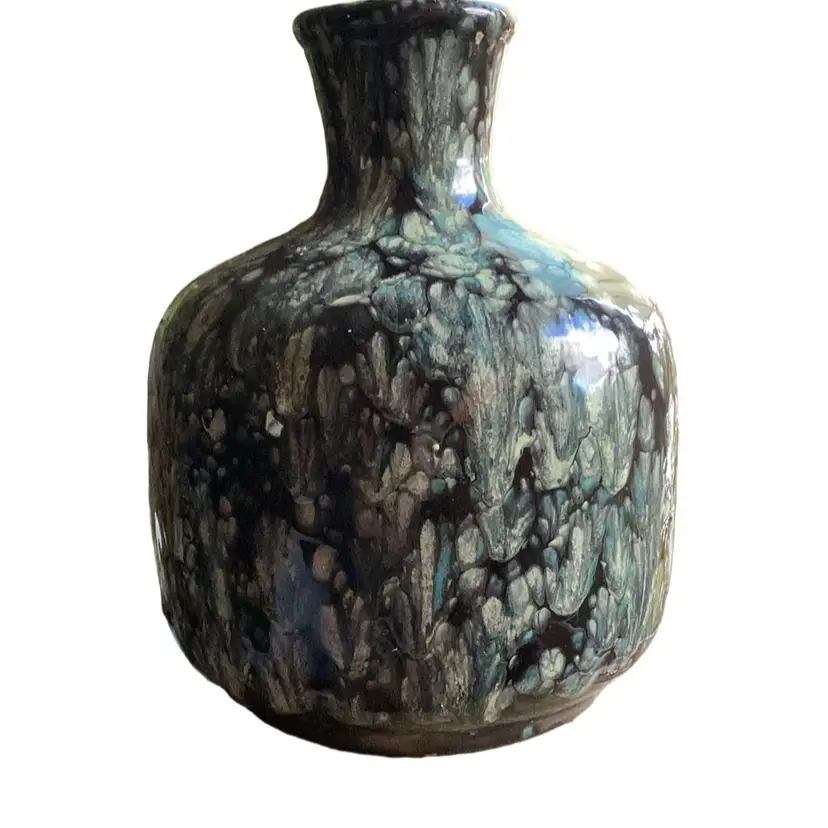 Large Studio Pottery Vase Black Teal And Beige With Great Glaze