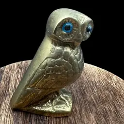 #344A Vintage Solid Brass Miniature Owl With Captivating Blue Eyes.