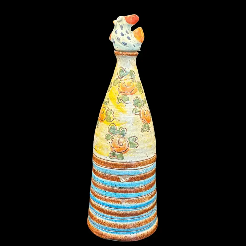 italian art pottery vase decanter signed With Rooster Stopper 11 1/2”