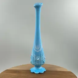 Vintage Fenton Blue And White Slag Glass Swung Vase/Bud Vase In The Cabbage Rose Pattern.