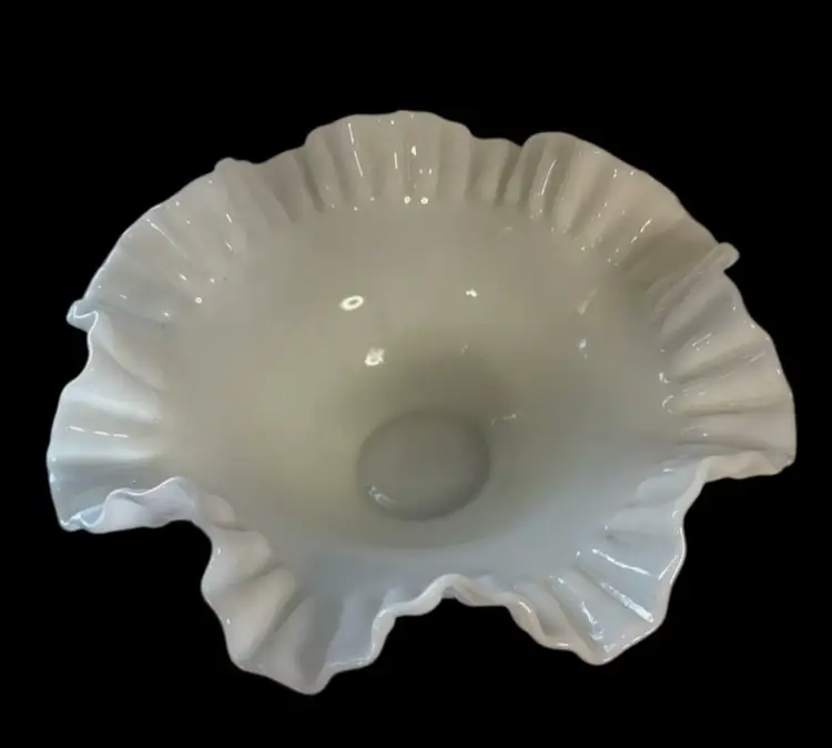 Vintage Fenton White Milk Glass Hobnail Crimped Ruffled Edge Fruit Serving Bowl
