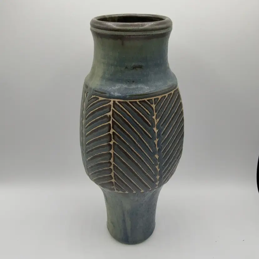 Gorgeous Tall Blue Drip Glaze Chevron Pattern Handmade Pottery Vase