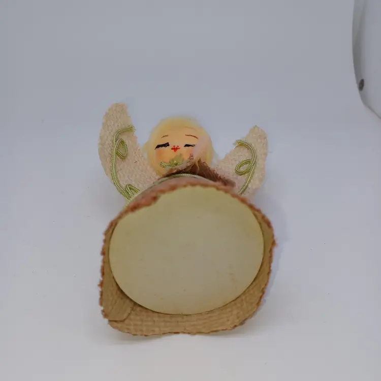 Vintage Mcm Spun Floss Stockinette & Burlap Cardboard Angel 5in