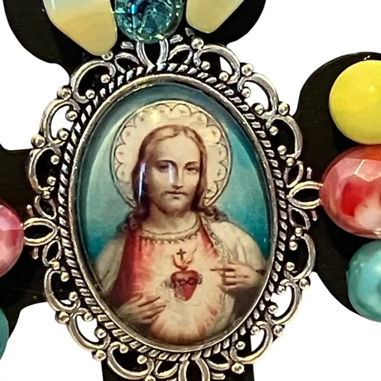 Handmade Sacred Heart Of Jesus 4” Cross Ornament Or Wall Hanging