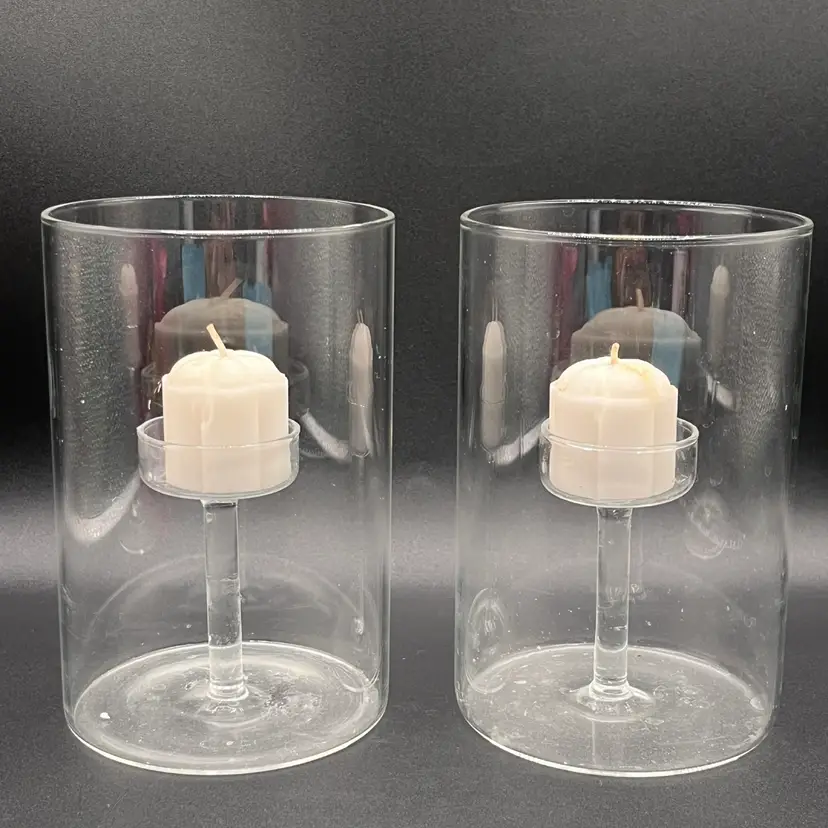 #17 Crate & Barrel “Elsa” Cylindrical Glass Hurricane Floating Tealight Holders 6”🕯️