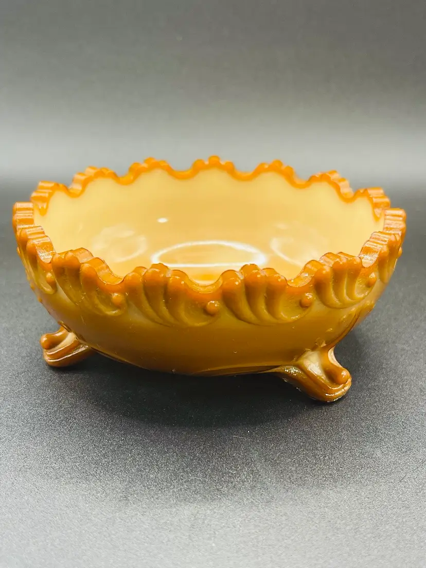 Antique, Chocolate Caramel Slag Glass Greentown Footed Berry Bowl