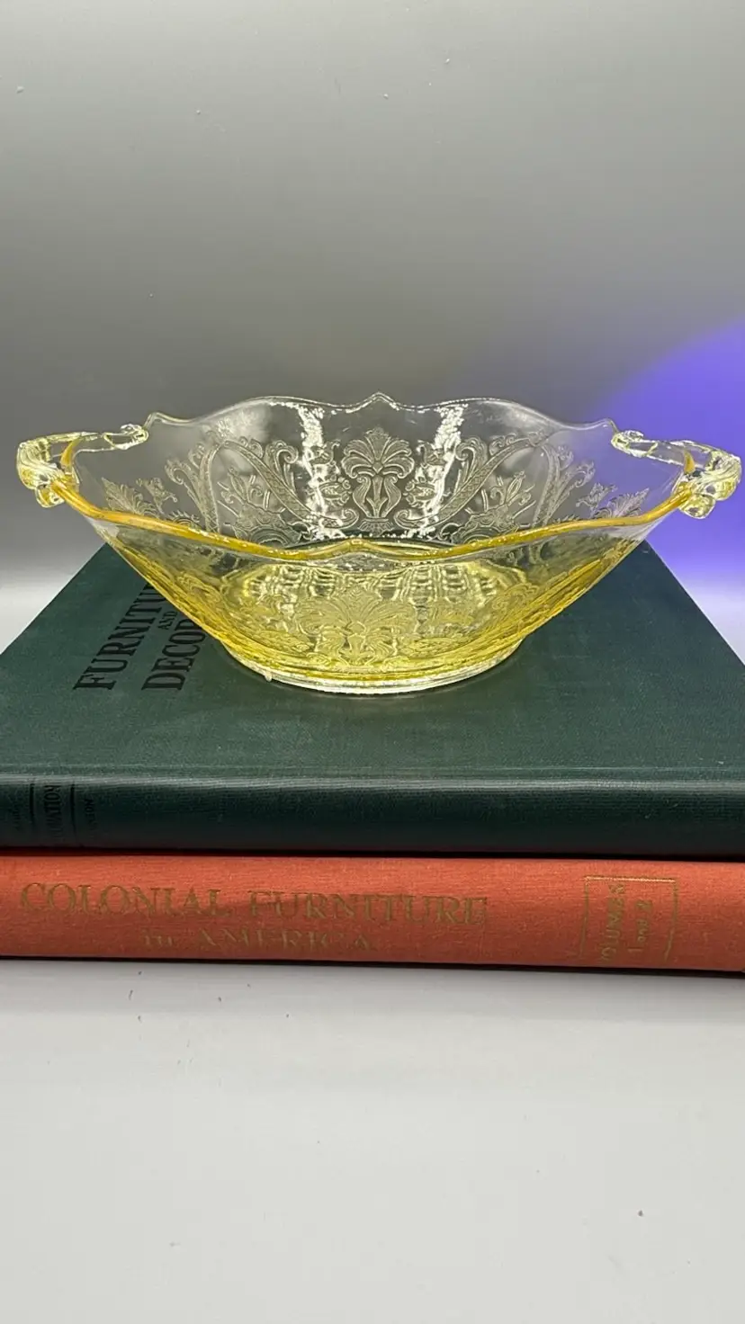 Vintage Lancaster Landrum Topaz Yellow Depression Glass Handled Serving Bowl, 1930s