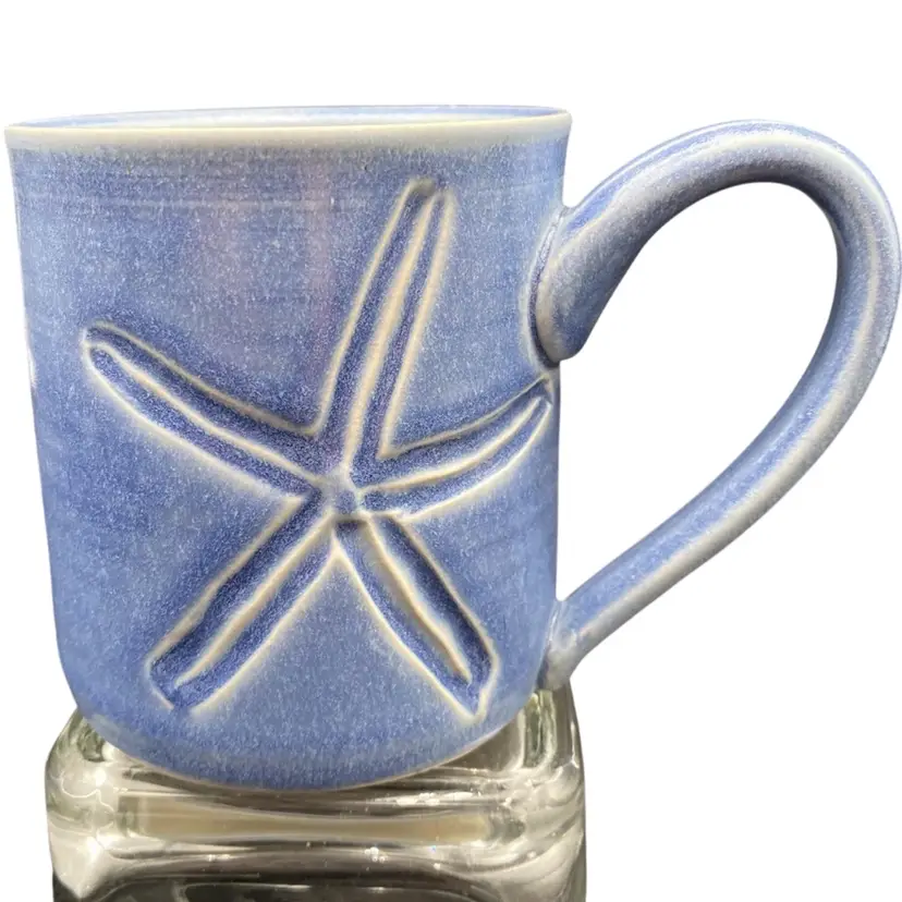 Art Pottery Starfish Mug, Handmade & Signed, Blue, 3 incised Starfish, MINT