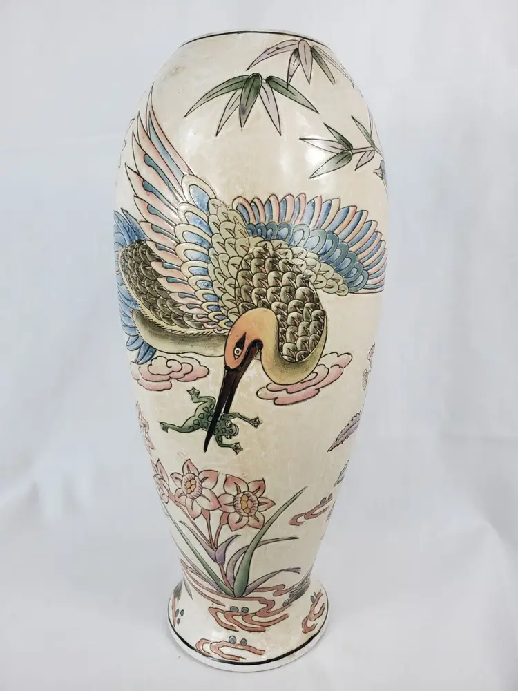 Vintage Chinoiserie Asian Ginger Macau Jar Vase 14" Hand Painted Ceramic Pottery
