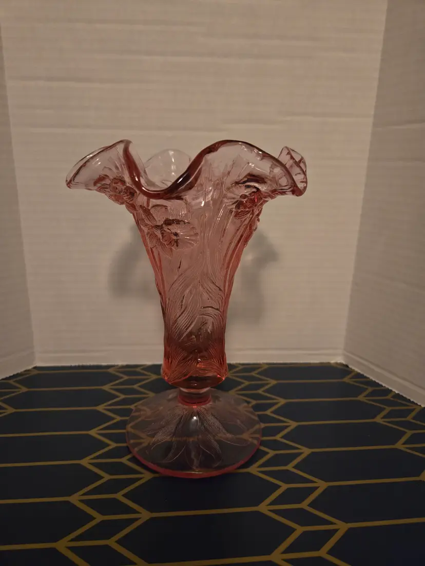 Fenton Pink Ruffled Edged Daffodil Pattern Pedestal Vase Vase