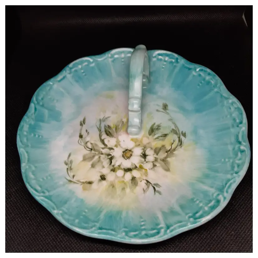 Vintage Hand Painted Lemon/Nappy Plate, Blue Background with Daisies