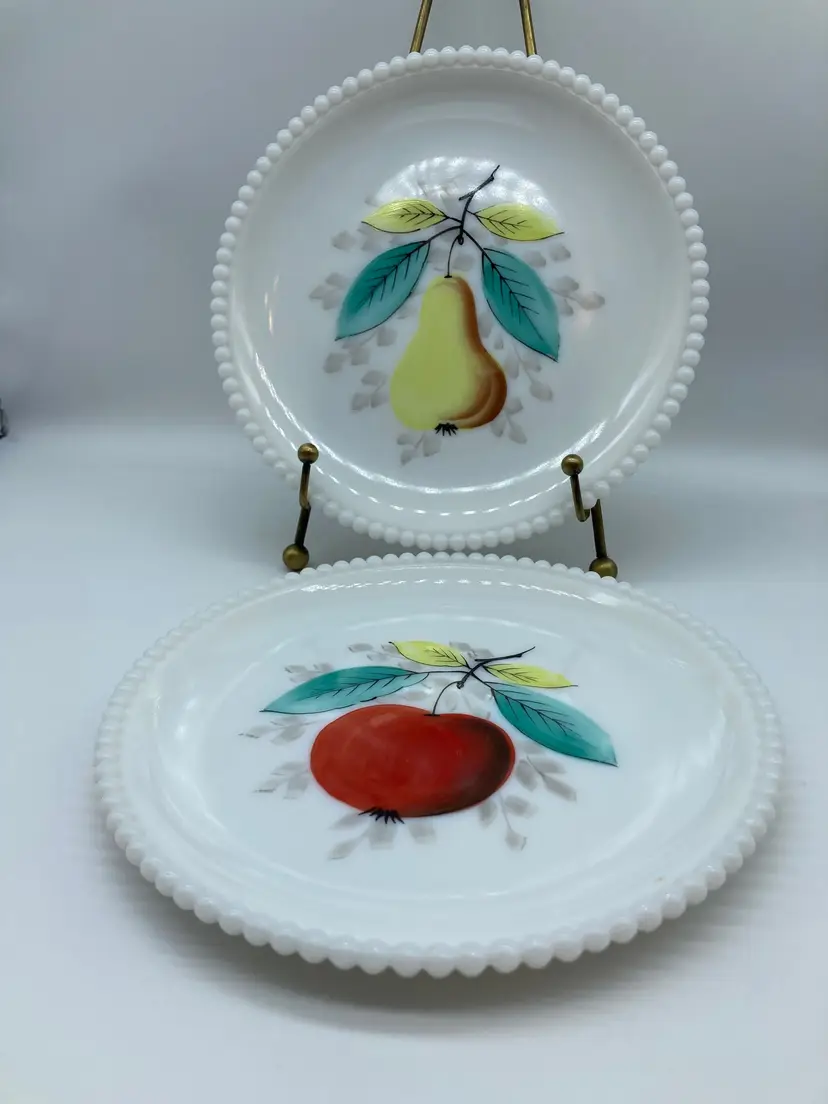 2 Vintage Westmoreland Beaded Edge Milk Glass Fruit Plates-7.5" Diameter