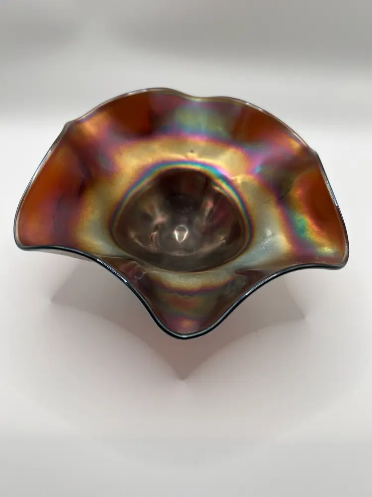 Vintage Iridescent Round Ruffled Edge Carnival Glass Footed Bowl