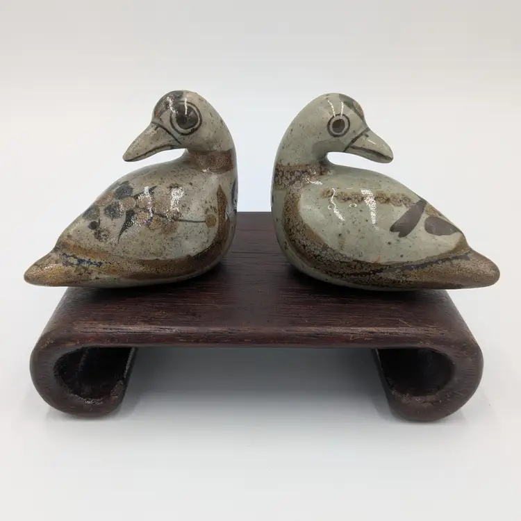 Vintage Set of (2) Miniature Ken Edwards Tonala Mexico Folk Art Pottery Birds