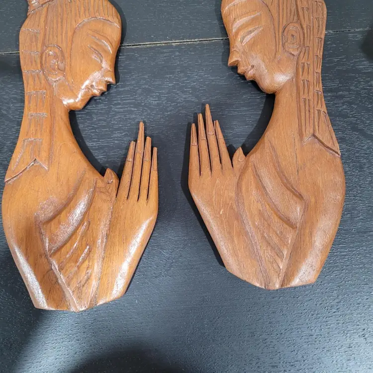Midcentury Wood Polynesian Praying Sisters Bohemian Decor