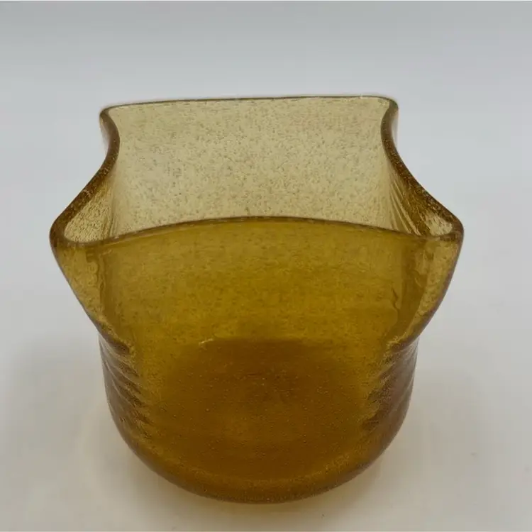Hand Blown Amber Bubble Glass Pinched Votive Candle Holder Pontil Mark round on bottom square on top very cute