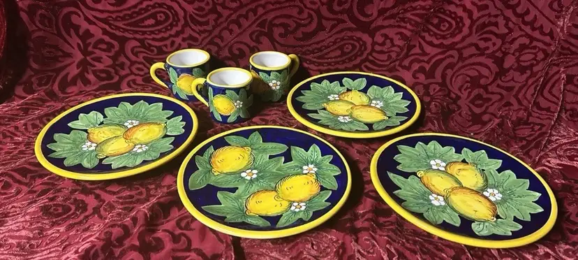 Leoncini 10.5" Italian Handpainted San Gimignano Wall Plates - Limoni Fondo Blu