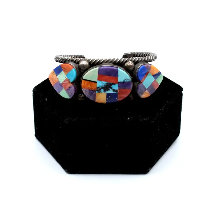 Southwestern sterling silver multi-color heart inlay cuff bracelet 71.70g