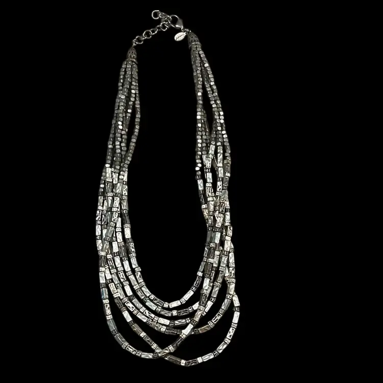 Chico's Signed Beaded Women 6 Multi Strands Silver Tone Chunky Jewelry Necklace