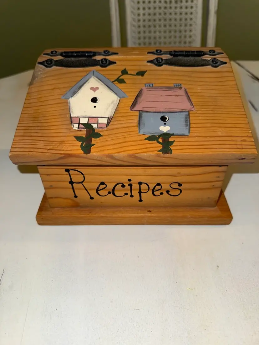 Vintage Wooden Recipe Box Hinged Lid Hand Painted Birdhouse And Ivy Country