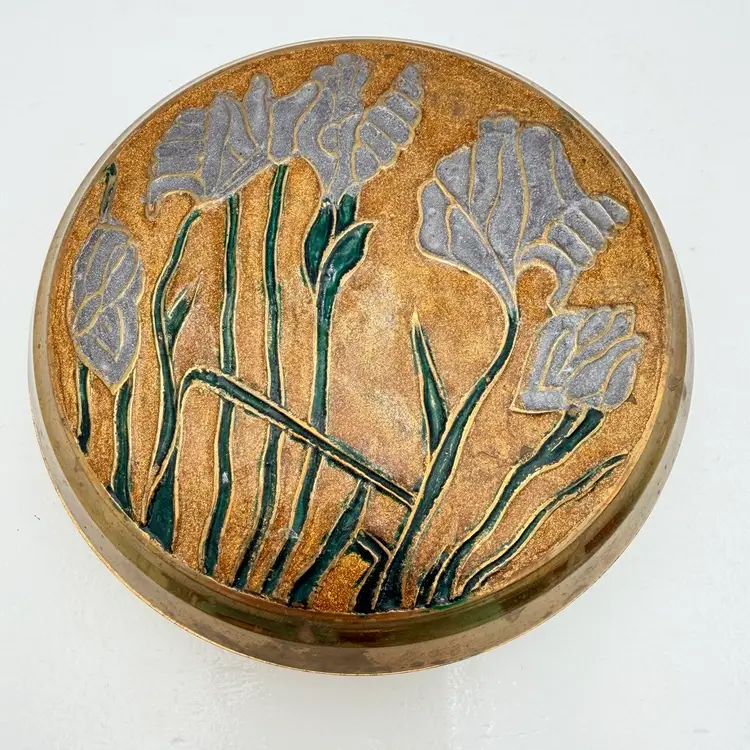 Brass Lidded Round Trinket Box With Painted Enamel Flower Design