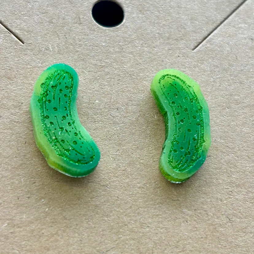 Shades Of Green With Shimmery Dark Green Accent Pickle Stud Earrings *GLOWS* Made By Me
