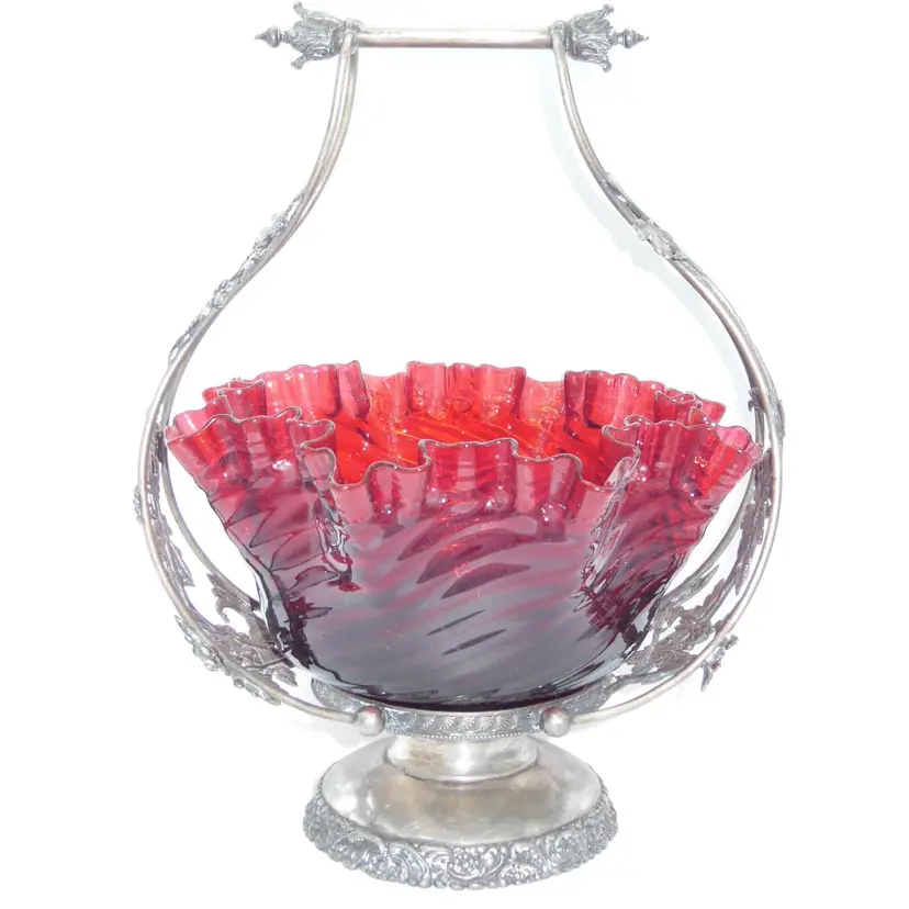 Victorian Era GORGEOUS Ruby Red Optic Swirl Bride's Basket