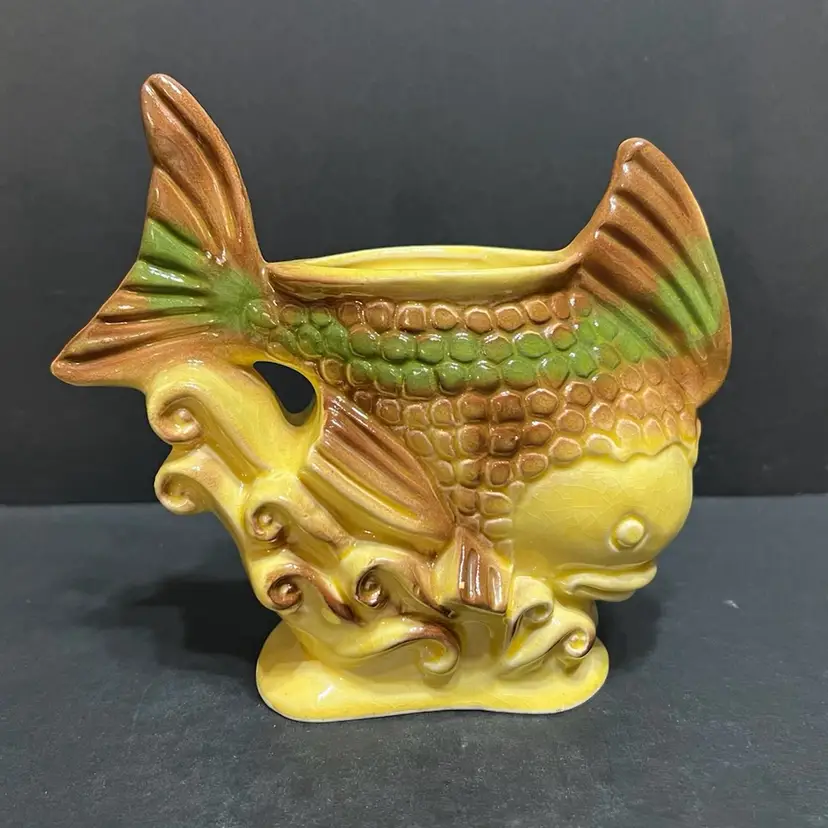 Coy Fish Vase Planter Yellow Brown Green ~6.5β x 7β x 2.5β