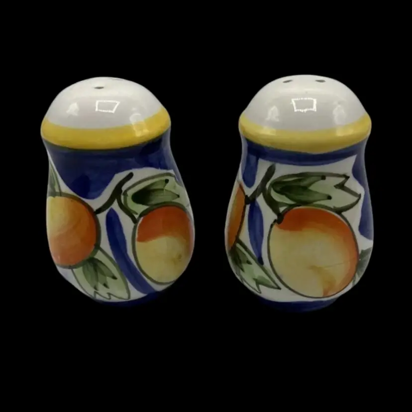 California Pantry Classic Ceramic Salt Pepper Shakers With Painted Peach Design 3" x 2 1/8" round.