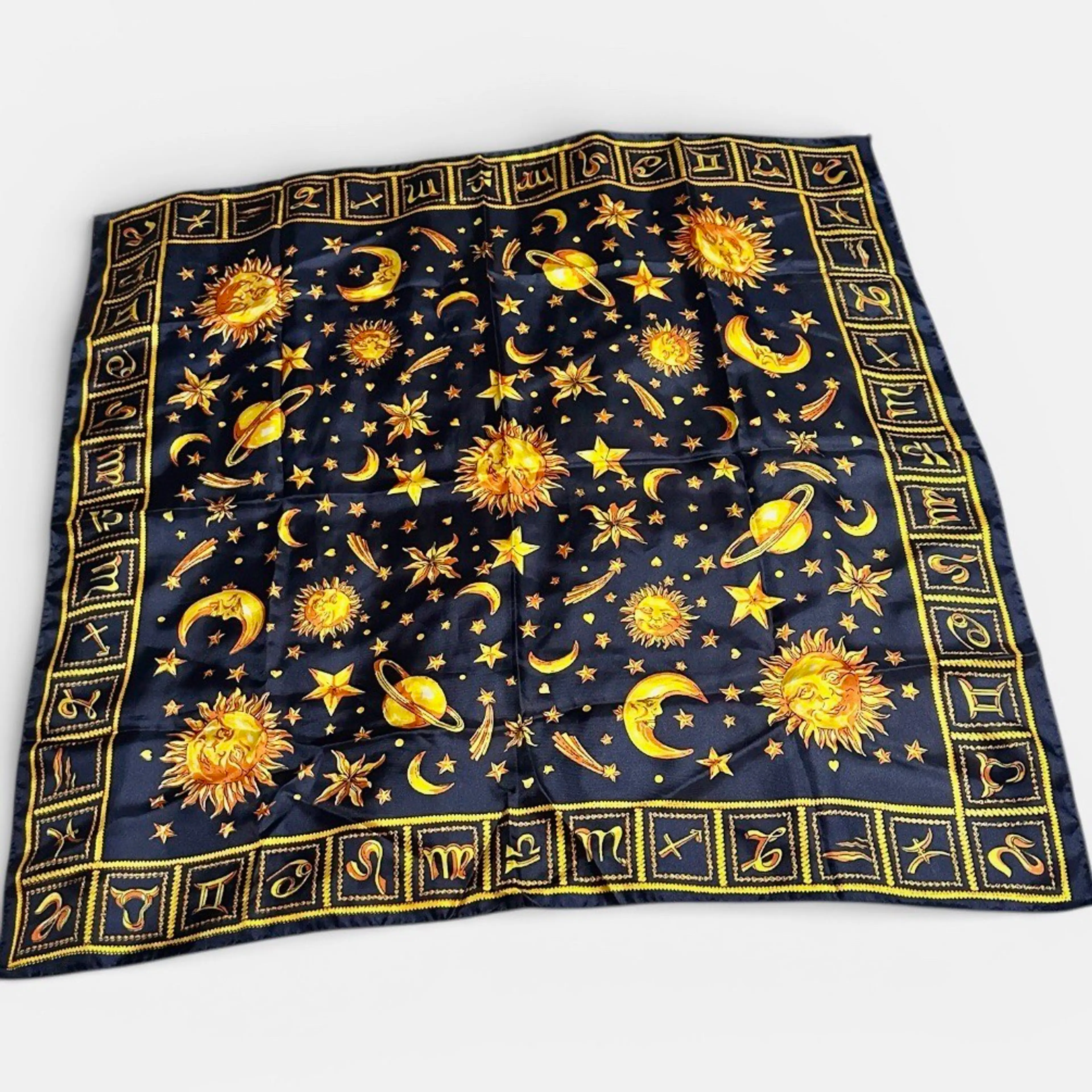 Silk Sun Moon & Stars Zodiac Navy Blue Square Scarf Versace Style Vintage