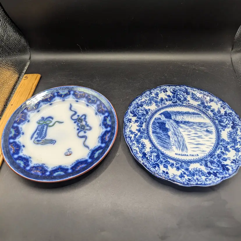 Lot of 2 Antique Flow Blue Plates One Togo F Winkle and One Opaque de Sarrreguemines