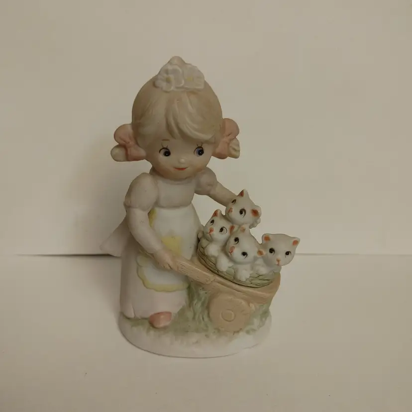 Girl Figurine with Kittens. Porcelain. Homco. Made in Taiwan. 5 inches high. Small chip at base. See pics.