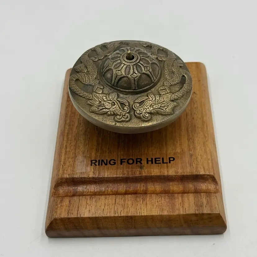 Table Chime Meditation Dragon Motif Wood Brass Desk Bell Ring For Help No Dowel