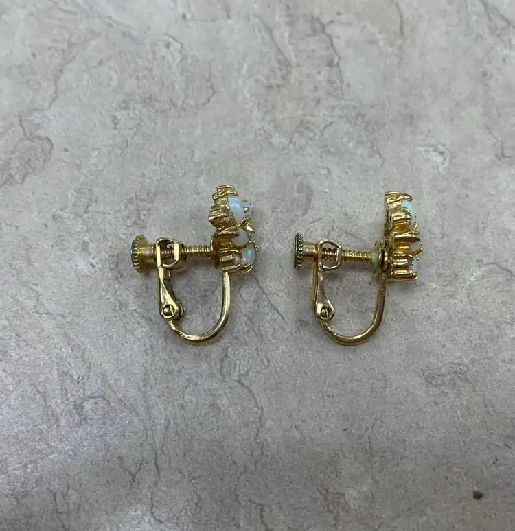 60s Gold Toned Rhinestone and Faux Opal Screw Back Earrings