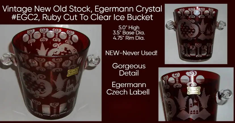 Vintage Egermann Czech #EGC2 Ruby Cut-To-Clear Crystal Ice Bucket, New Old Stock!