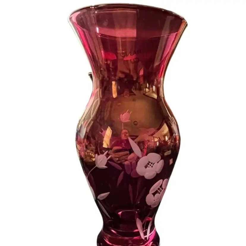 Hand Cut Royal Albert? Cranberry Glass Etched Chinese Bud Vase