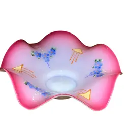 Antique Victorian Enameled Pink Cranberry Ruffled Brides Bowl Hand Painted