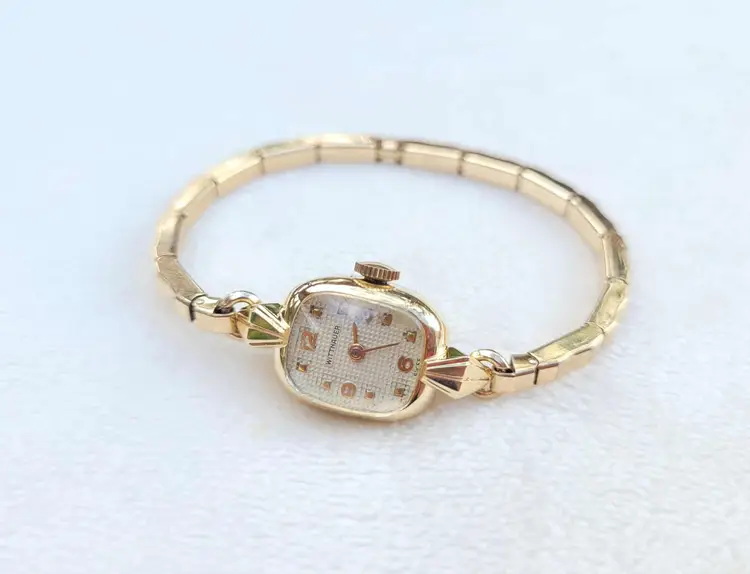Vtg 14k Solid Yellow Gold Wittnauer Waffle Dial Ladies Mechanical Watch