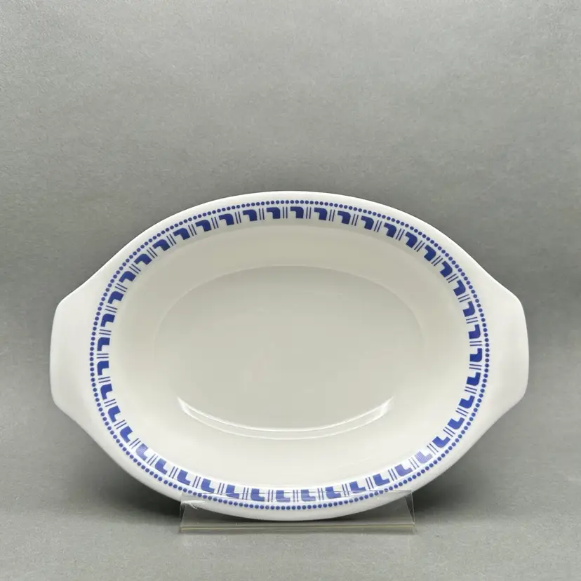 Vintage Plusceram “Narumi” Bone China Oval Vegetable Serving Bowl With Tab Handles and Blue Geometric Border