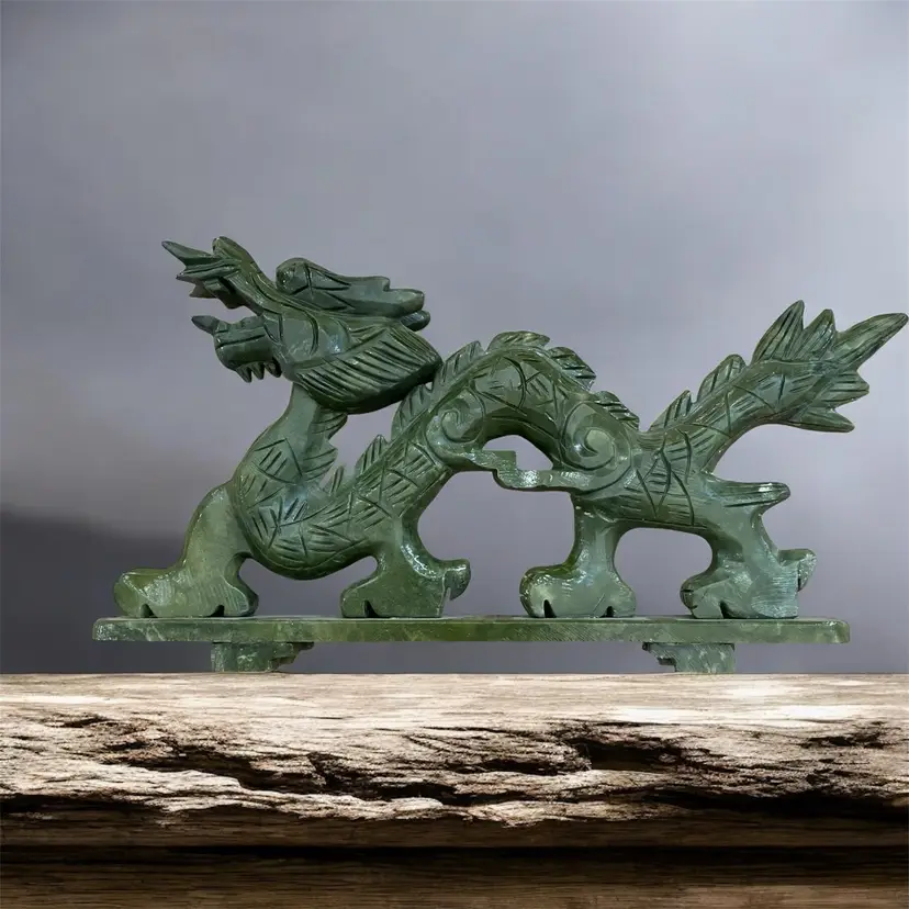 Large Hand-Carved Green Nephrite Jade Dragon Sculpture – 13.5” – 4.8 lbs