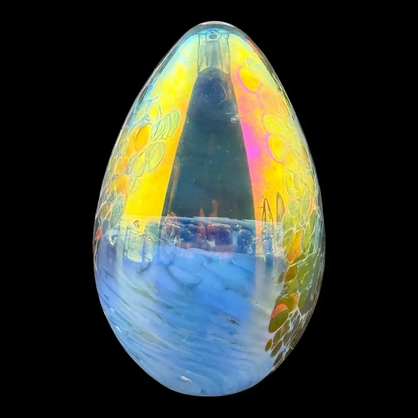 MSH Blue Swirl Iridescent Splatter Glass Egg Paperweight 2.5”