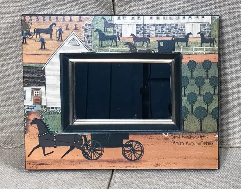 Vintage Carol Hamilton Offet Art Amish Autumn Wood Frame Mirror Primitive Rustic